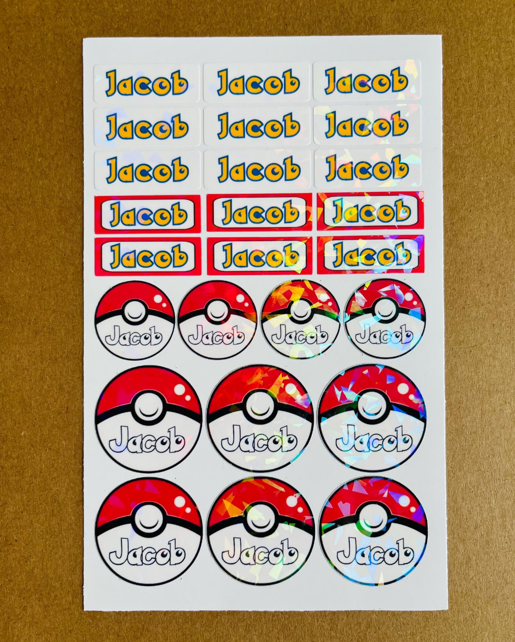 48Pcs Custom Pokémon Name Stickers (2 Sets)– Waterproof Holographic Labels for Kids | Lunch Bag, Water Bottles, School Supplies