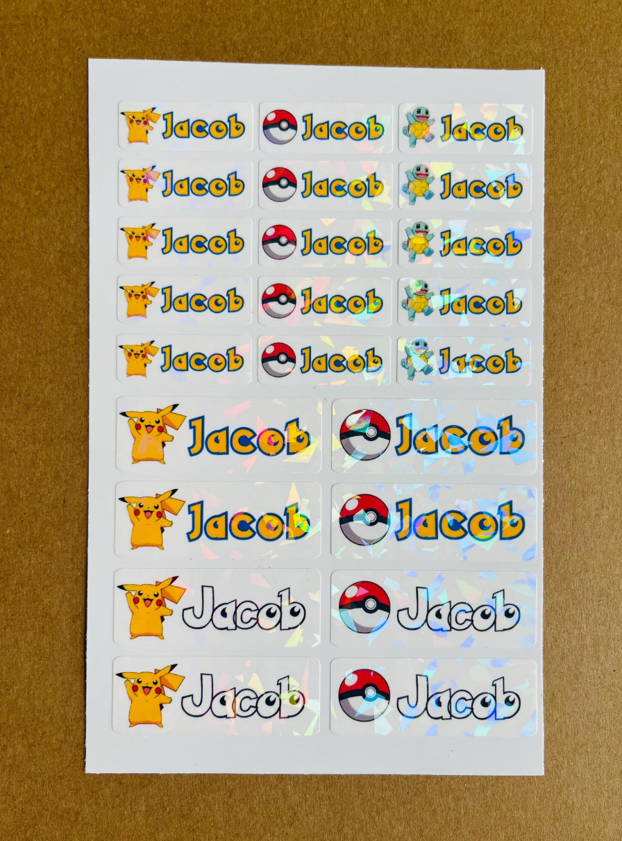 48Pcs Custom Pokémon Name Stickers (2 Sets)– Waterproof Holographic Labels for Kids | Lunch Bag, Water Bottles, School Supplies