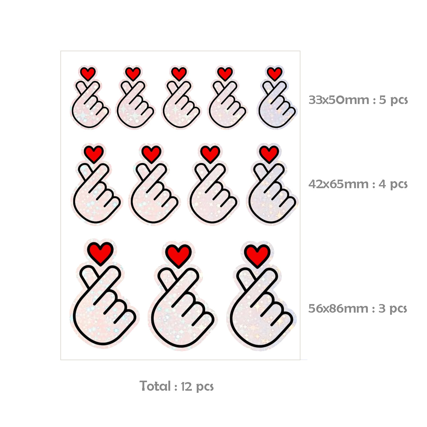 K-pop Finger Heart Stickers Set - 3 Sizes, 12 Pieces