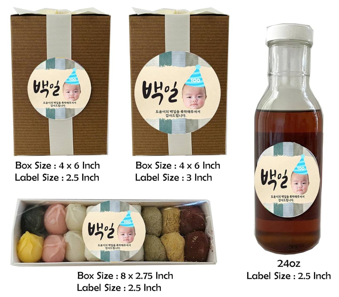 Korean Customized face sticker for 100th day party favors 100th day celebration Thank you Labels, Korean 100th day decorations