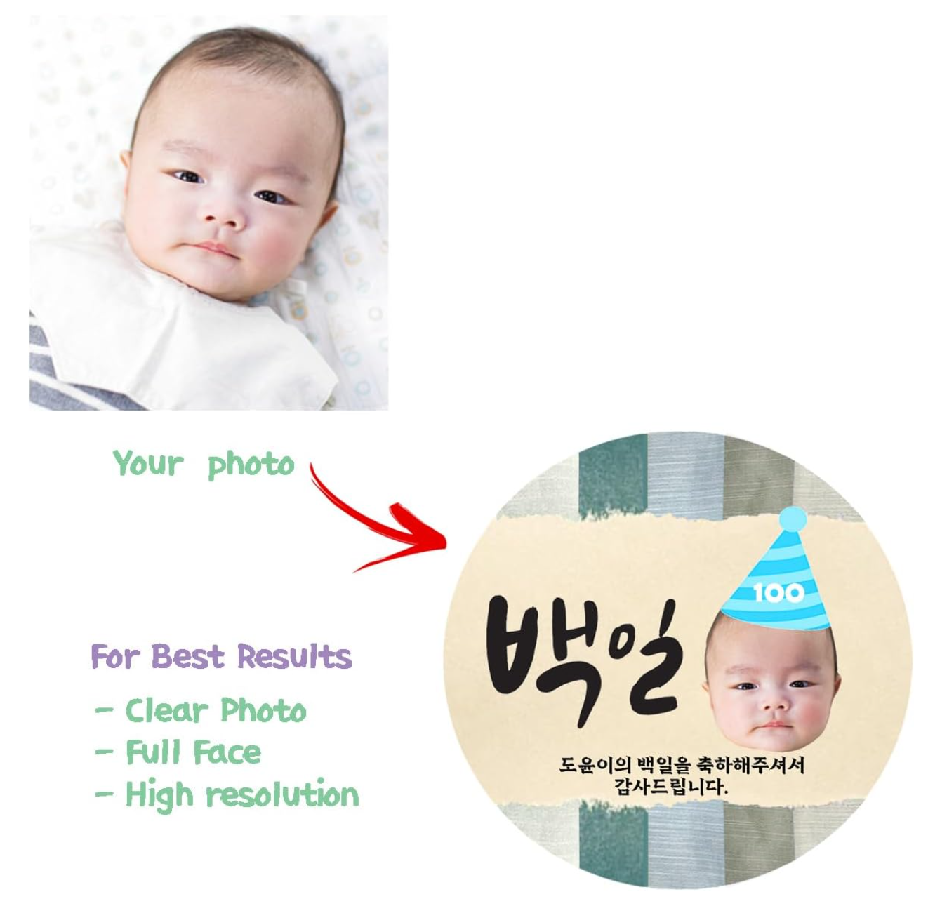 Korean Customized face sticker for 100th day party favors 100th day celebration Thank you Labels, Korean 100th day decorations