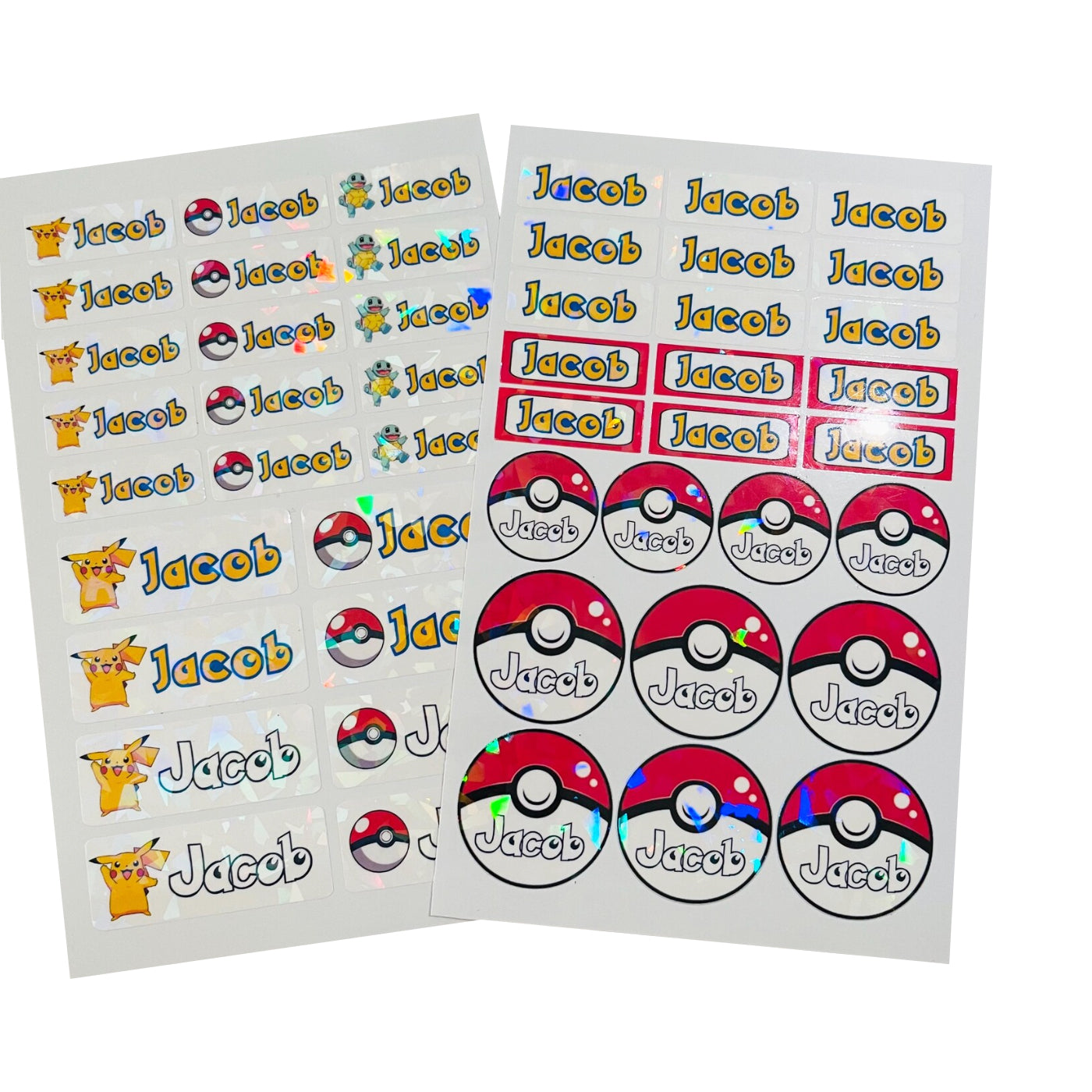 48Pcs Custom Pokémon Name Stickers (2 Sets)– Waterproof Holographic Labels for Kids | Lunch Bag, Water Bottles, School Supplies