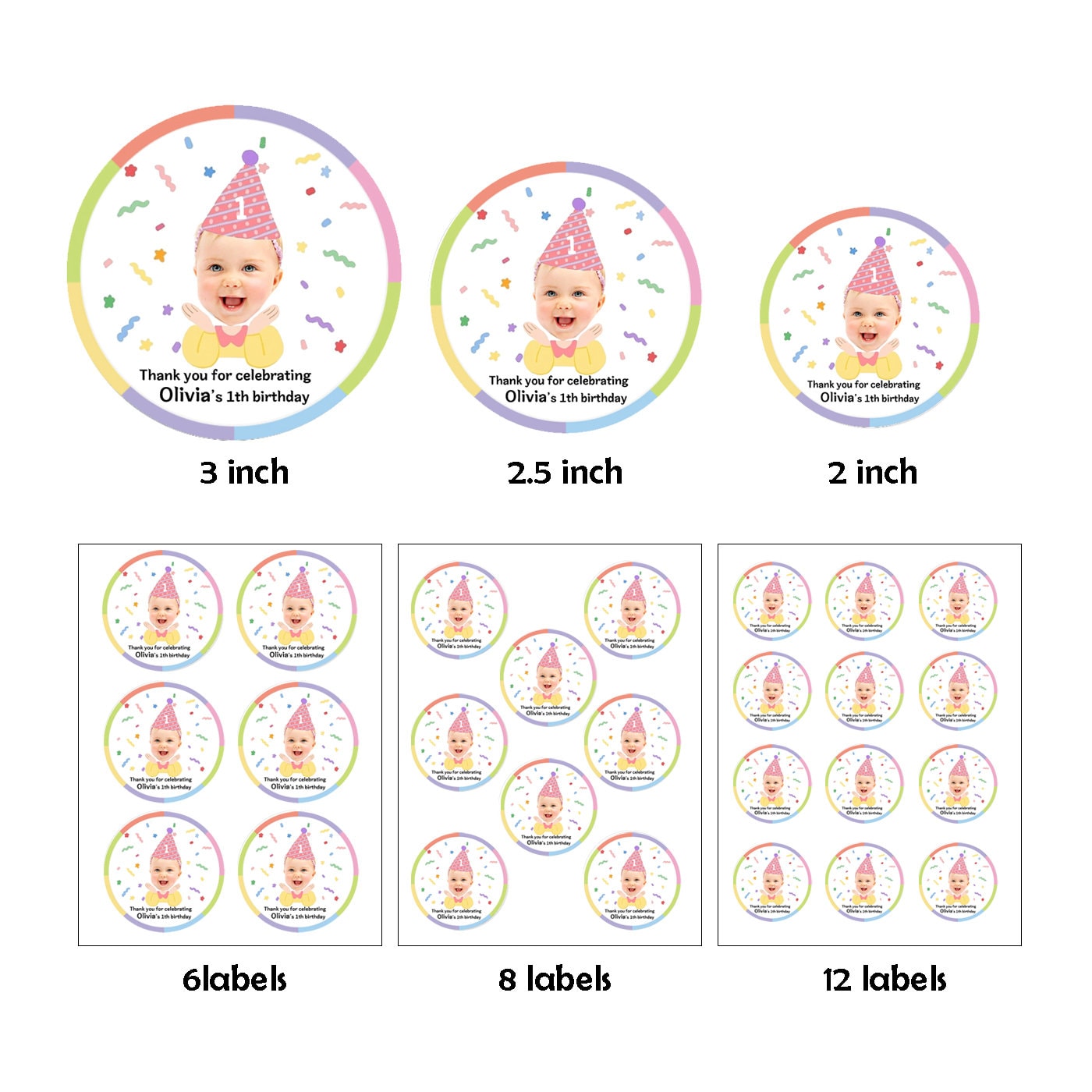 Birthday face photo labels, Custom birthday face labels