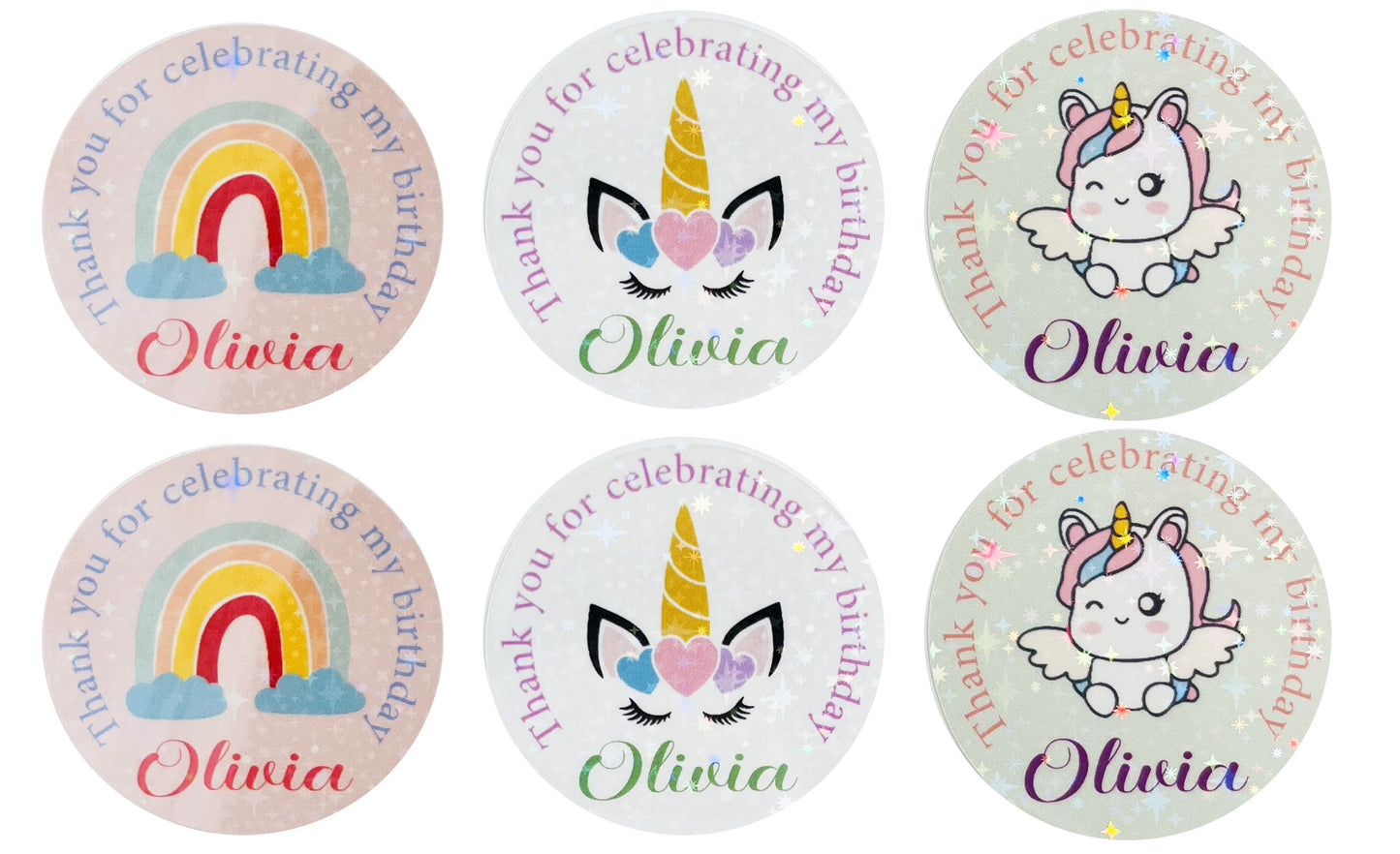 Unicorn birthday party thank you stickers