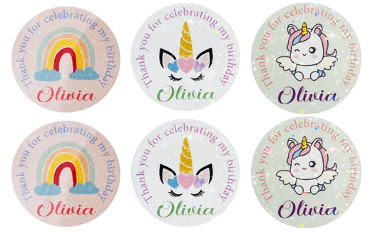 Unicorn birthday party thank you stickers