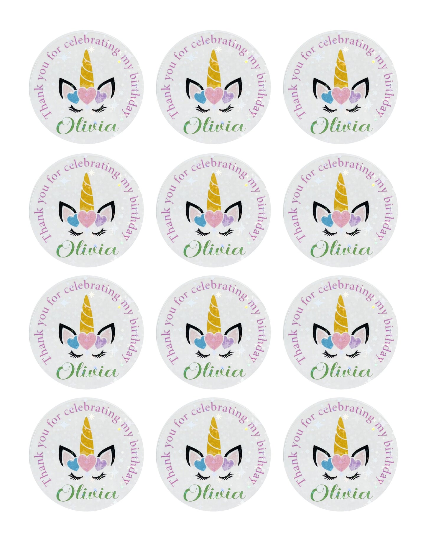 Unicorn birthday party thank you stickers
