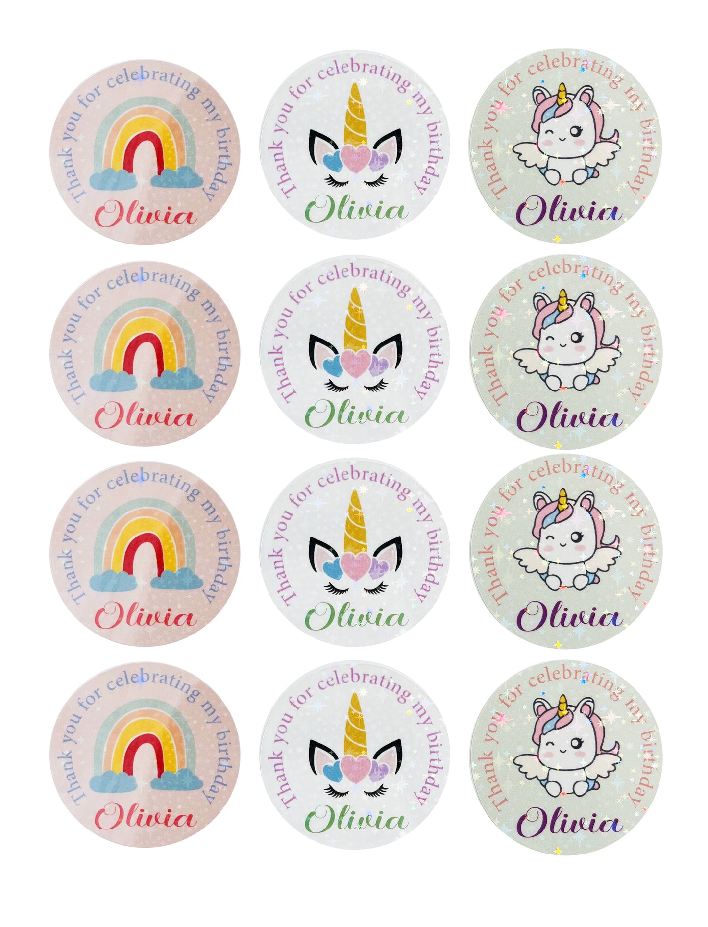 Unicorn birthday party thank you stickers