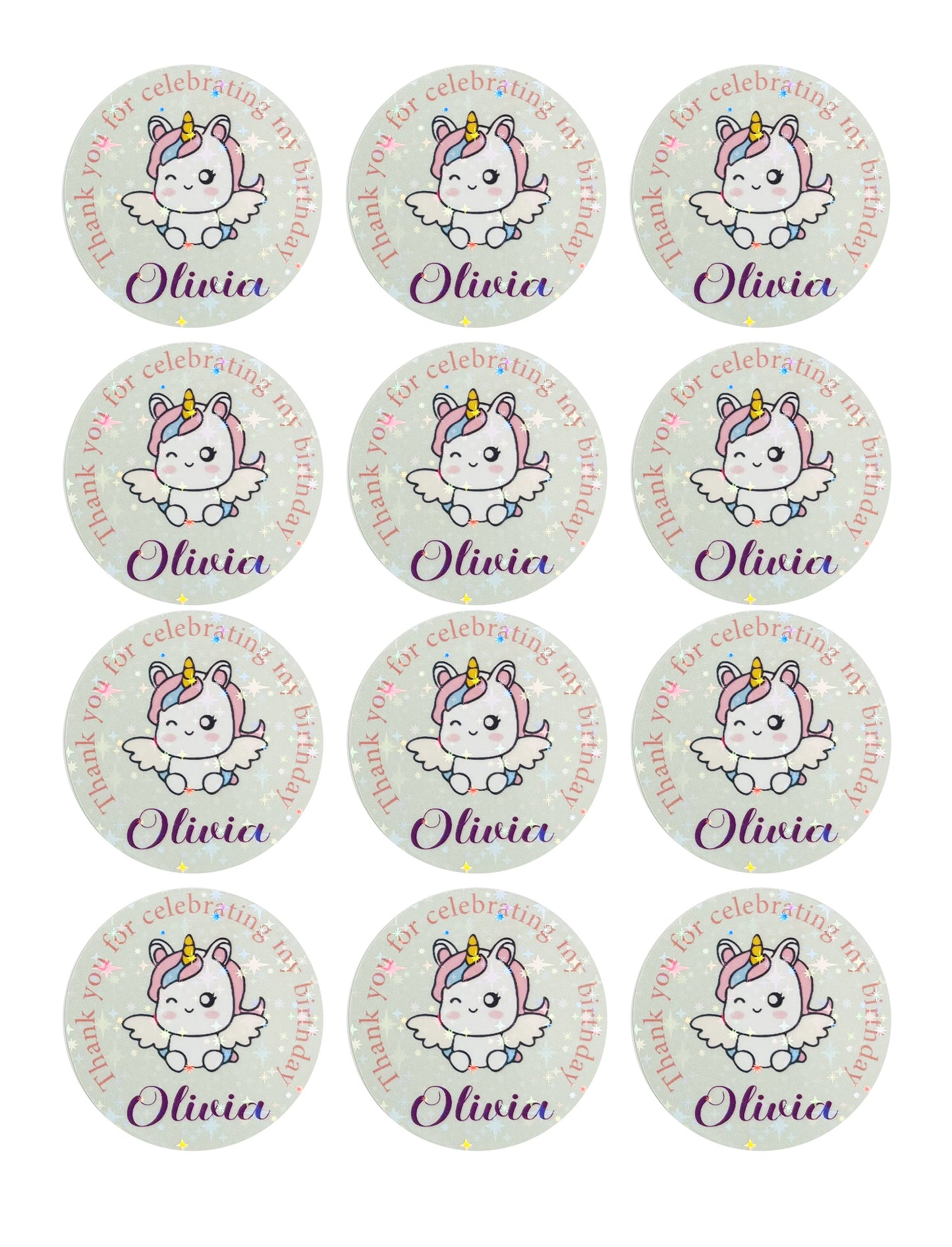 Unicorn birthday party thank you stickers