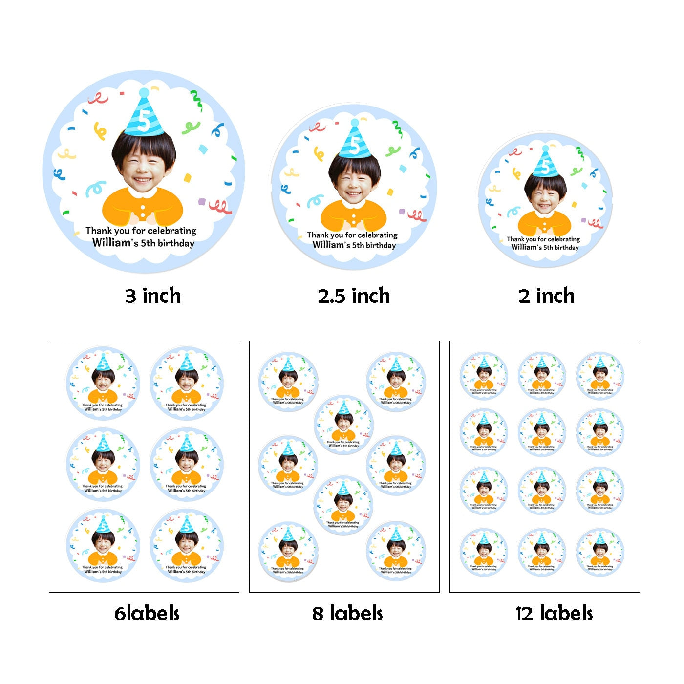 Birthday face  photo labels, Custom birthday face labels