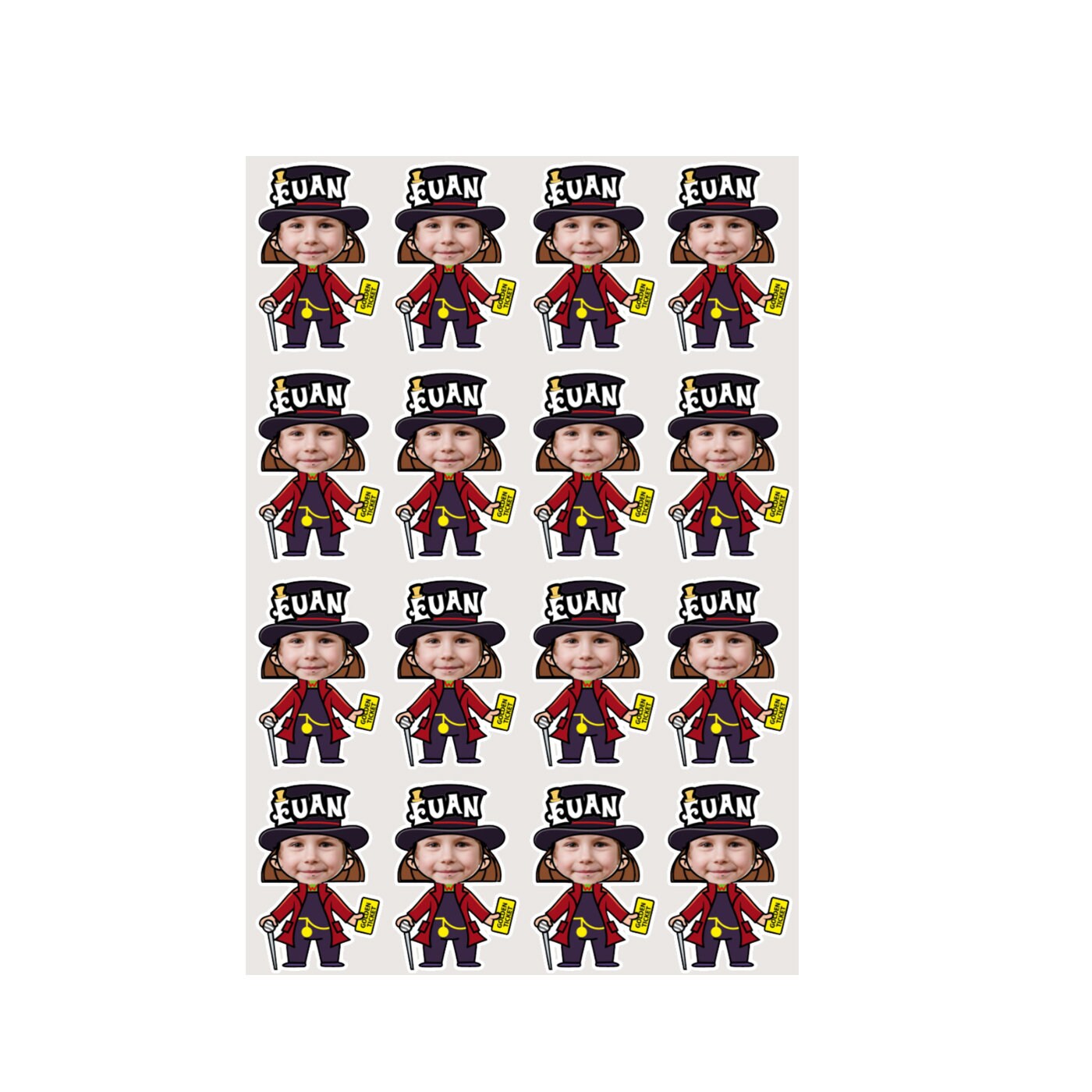 Wonka name sticker, Wonka face photo labels