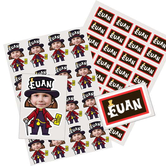 Wonka name sticker, Wonka face photo labels