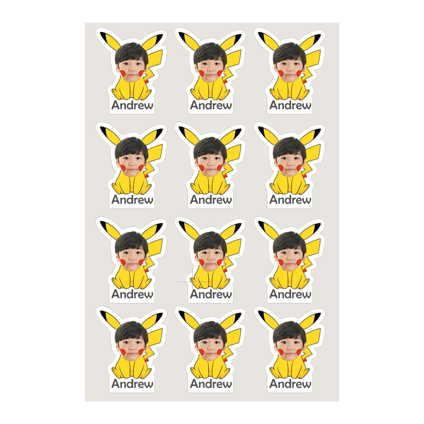 12 labels face photo name labels, Pikachu face photo name stickers